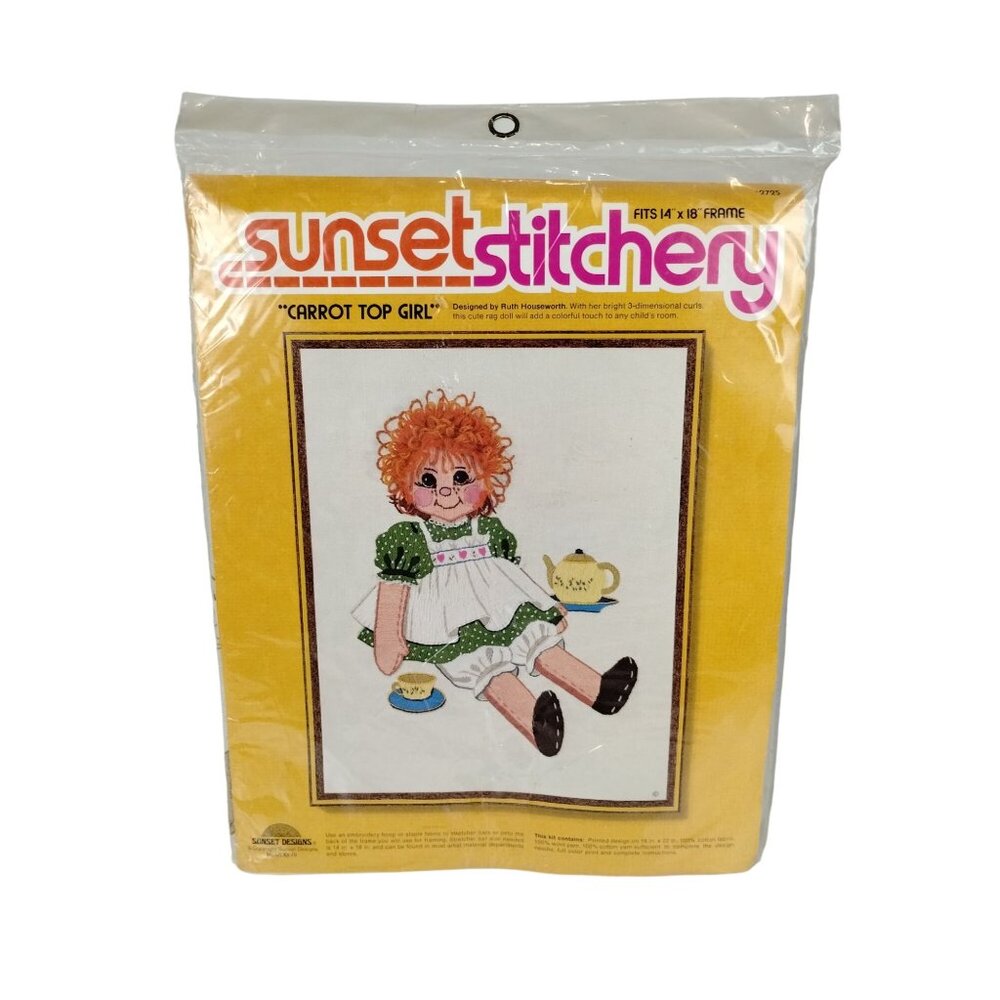 Sunset Designs Carrot Top Girl Rag Doll Crewel Embroidery Vintage Stitchery Kit